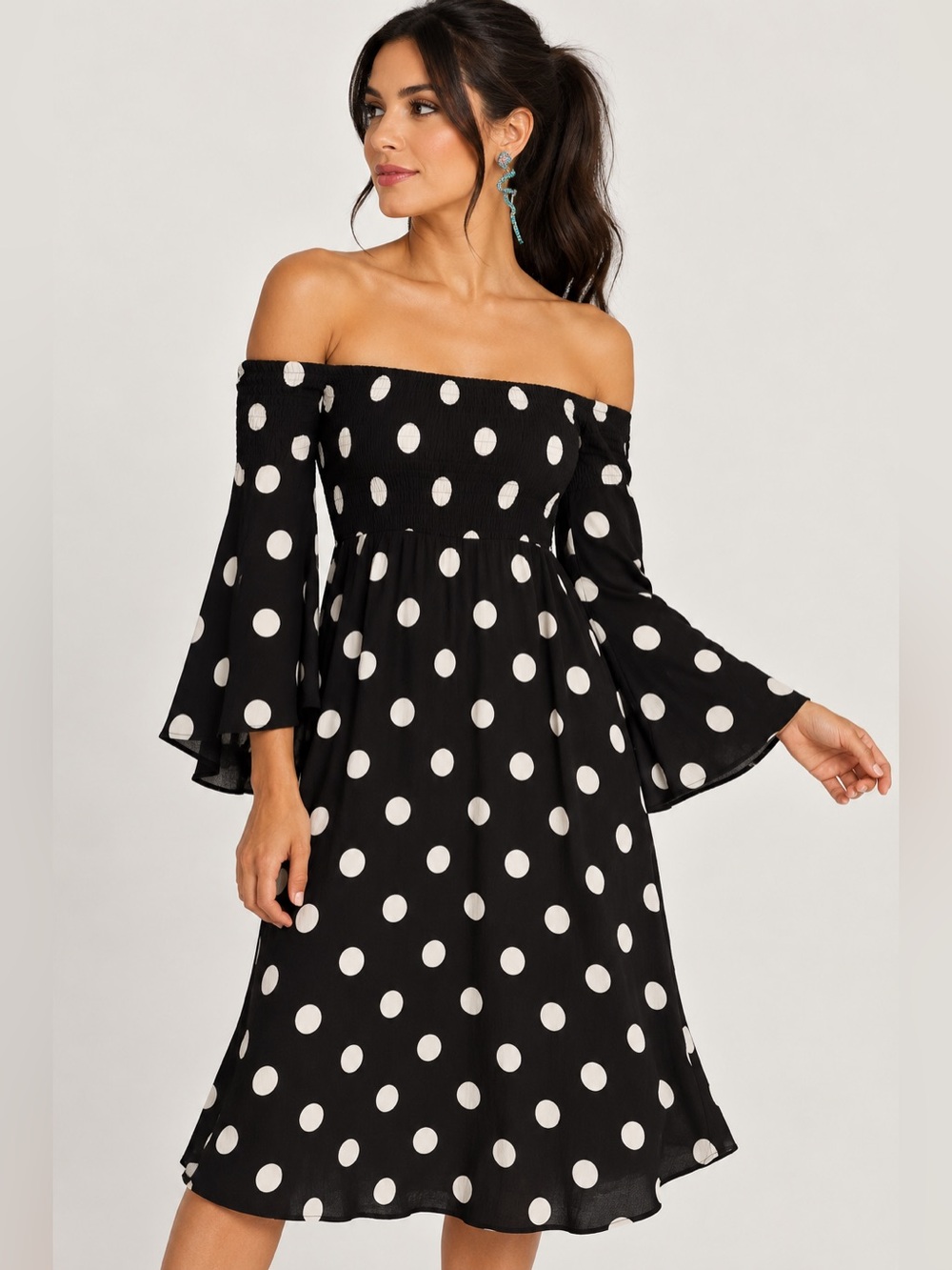 Zaful Nwt, Polka Dot Off-Shoulder Midi Dress, smocked bust, bell sleeves, size 4